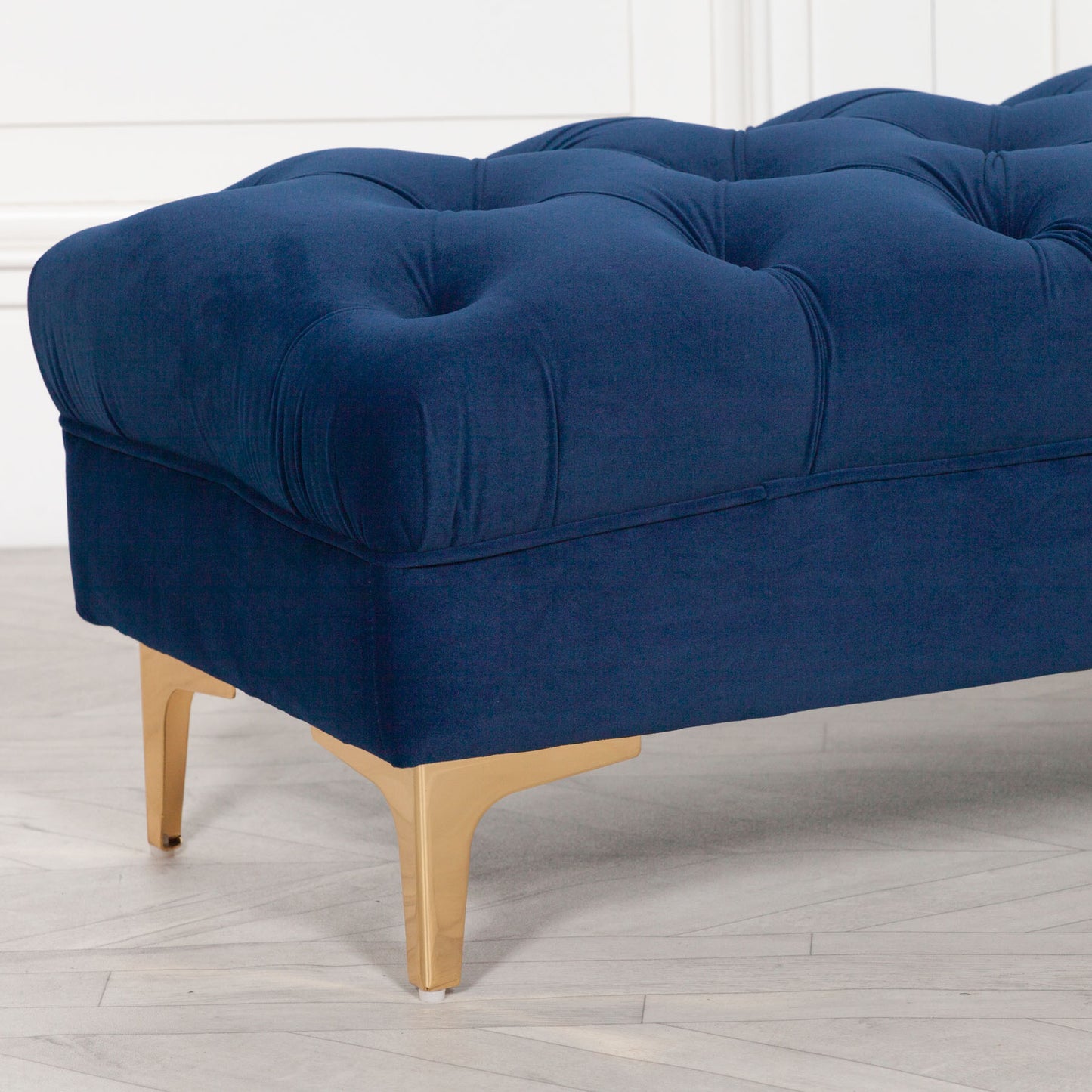 Blue Velvet Buttoned Ottoman Stool