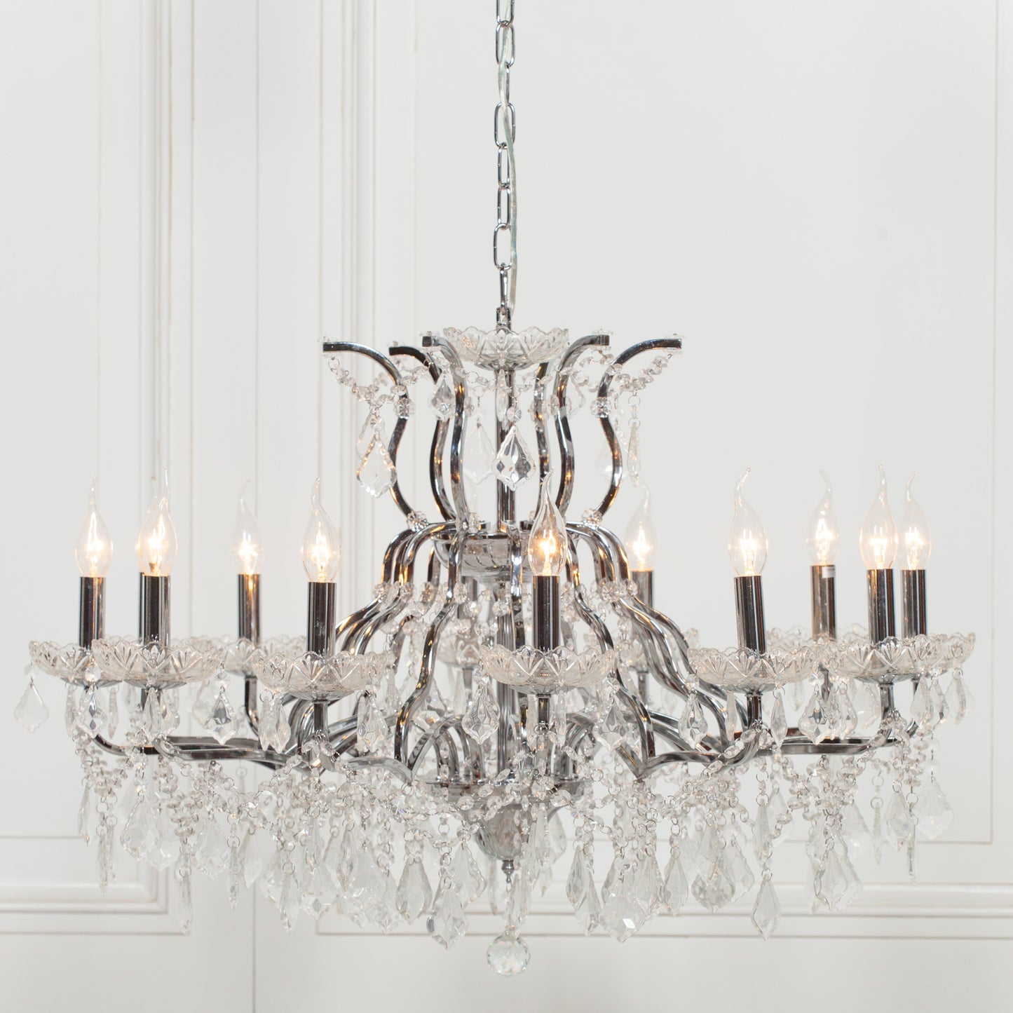 Chrome 12-Branch Shallow Cut Glass Chandelier – Modern French-Style Luxury