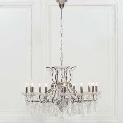 Chrome 12-Branch Shallow Cut Glass Chandelier – Modern French-Style Luxury