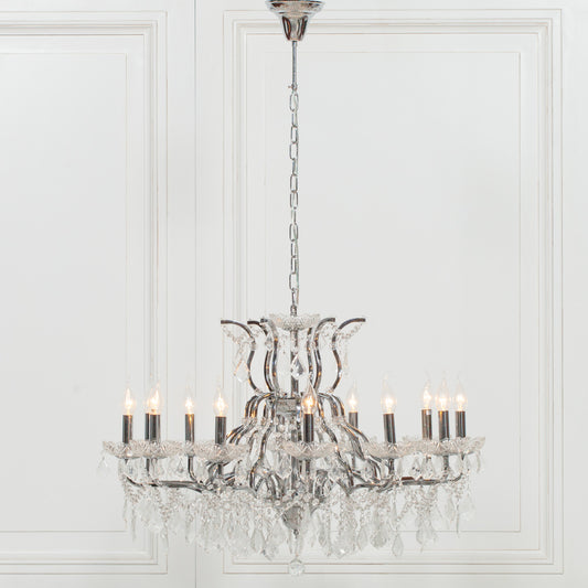 Chrome 12-Branch Shallow Cut Glass Chandelier – Modern French-Style Luxury