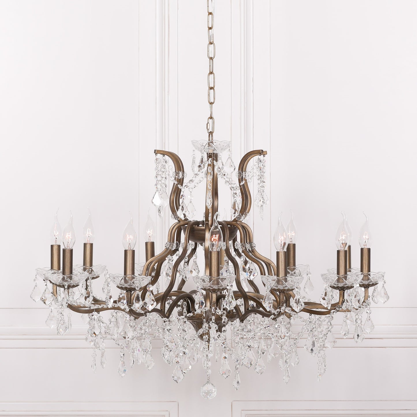 Gold 12 Branch Shallow Cut Glass Chandelier