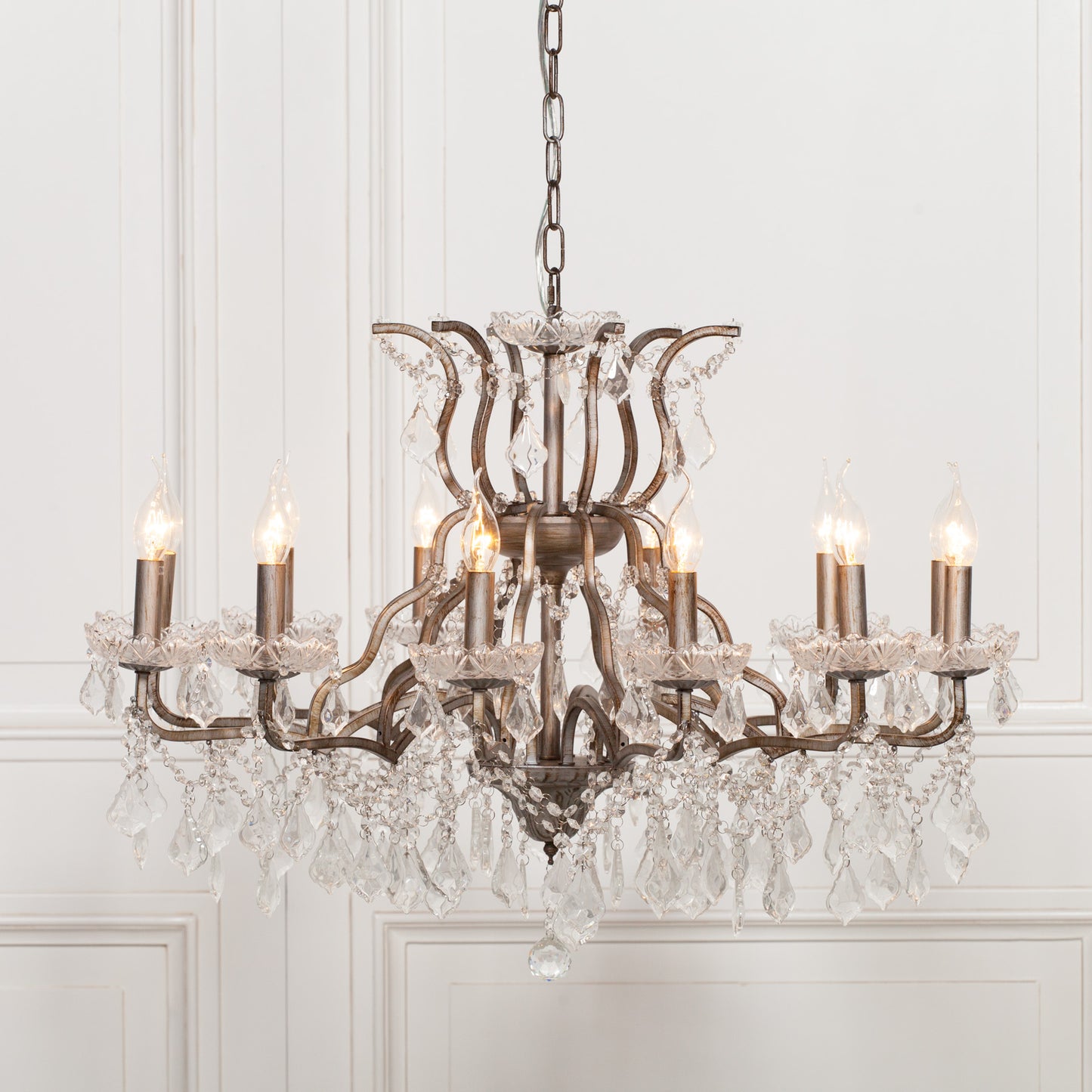 Antiqued Silver 12 Branch Shallow Cut Glass Chandelier