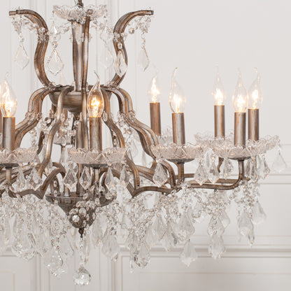 Antiqued Silver 12 Branch Shallow Cut Glass Chandelier