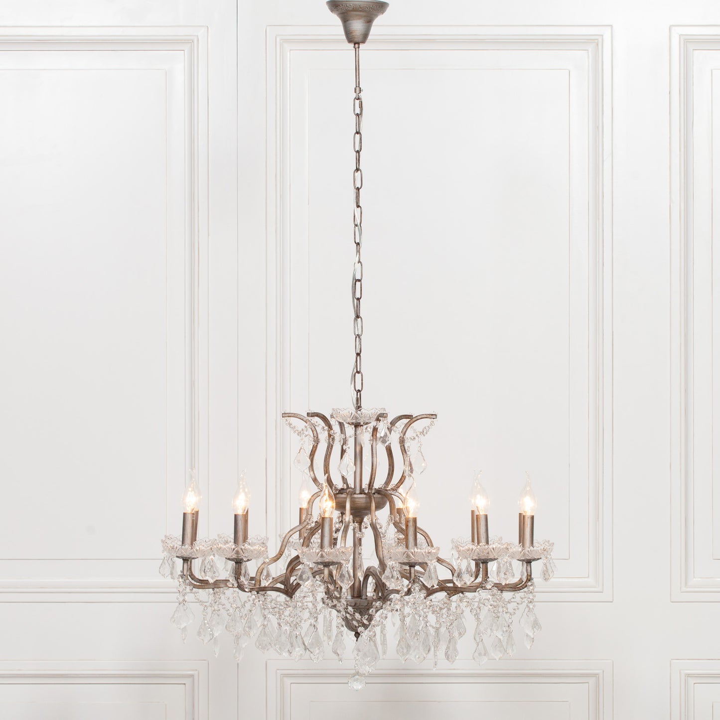 Antiqued Silver 12 Branch Shallow Cut Glass Chandelier