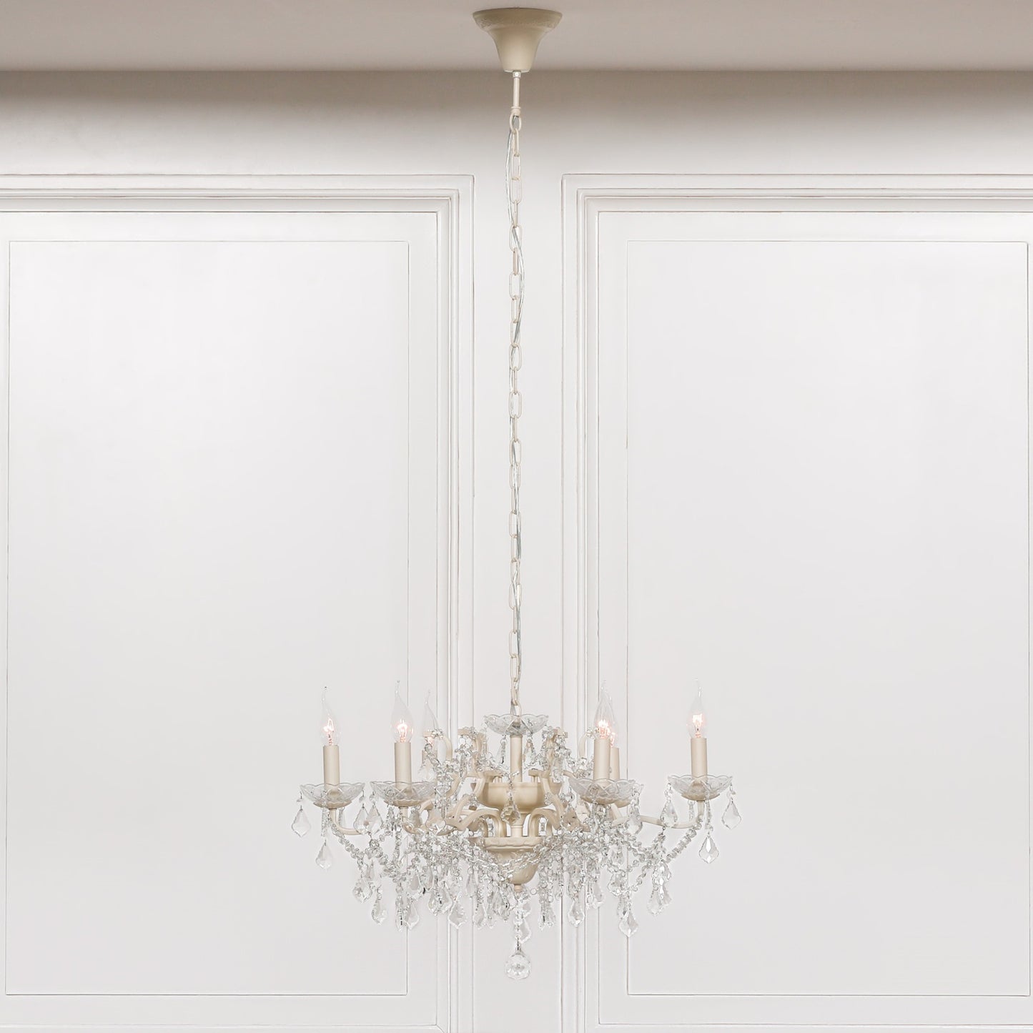 Cream 6 Branch Shallow Cut Glass Chandelier