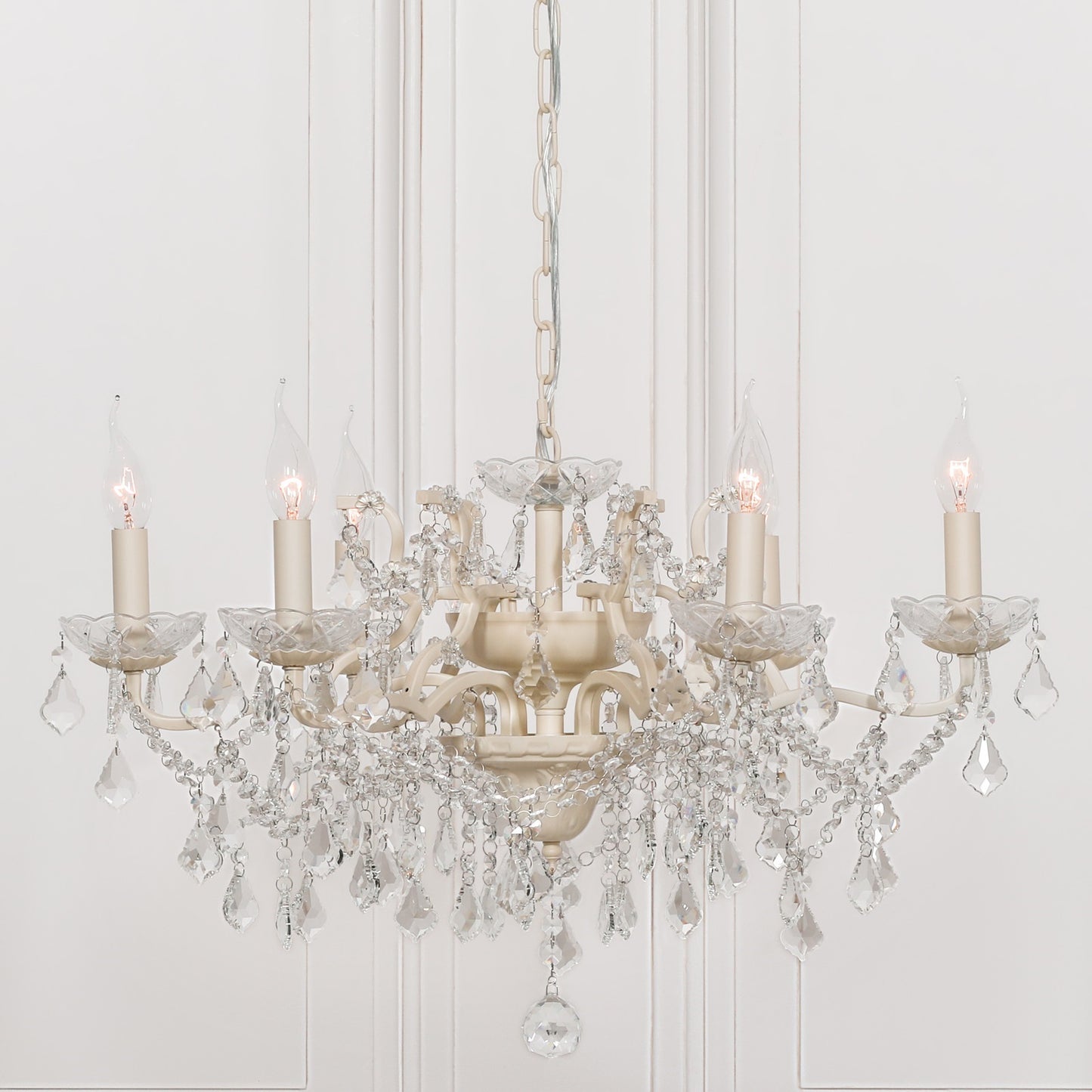 Cream 6 Branch Shallow Cut Glass Chandelier