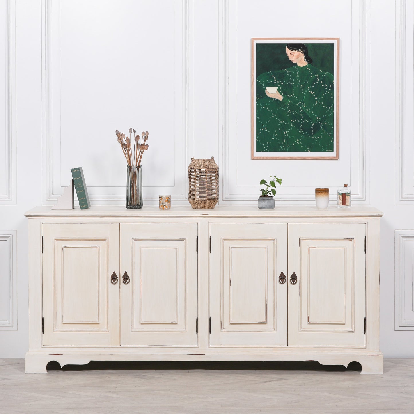 Distressed Aged White Brush Painted Classical Sideboard