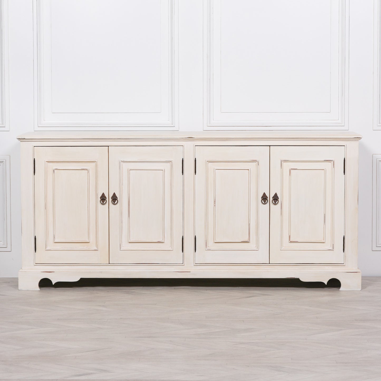 Distressed Aged White Brush Painted Classical Sideboard