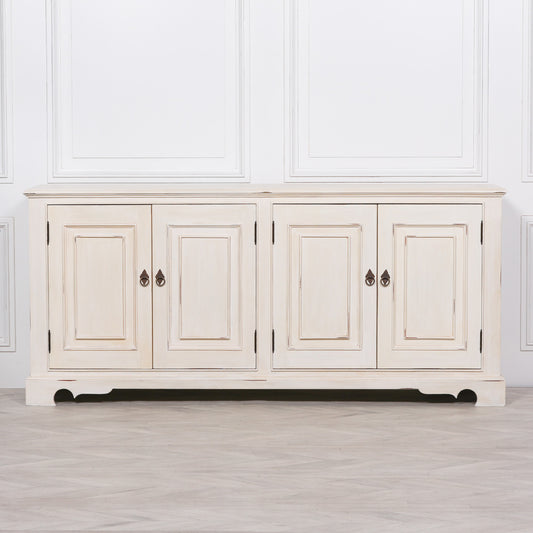 Distressed Aged White Brush Painted Classical Sideboard