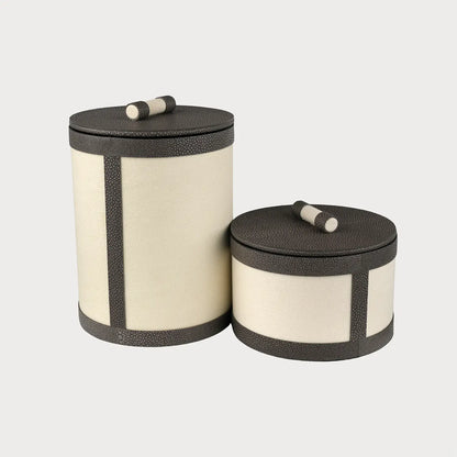 Round Linen Box Grey Shagreen Leather High