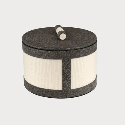 Round Linen Box Grey Shagreen Leather Low