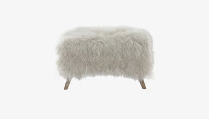 Baaarb Ottoman in Cream Sheepskin Fur & Solid Oak Finish