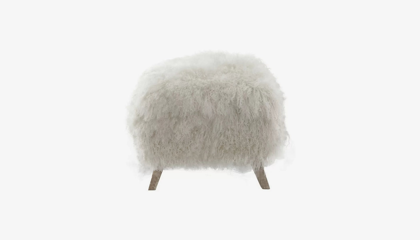 Baaarb Ottoman in Cream Sheepskin Fur & Solid Oak Finish