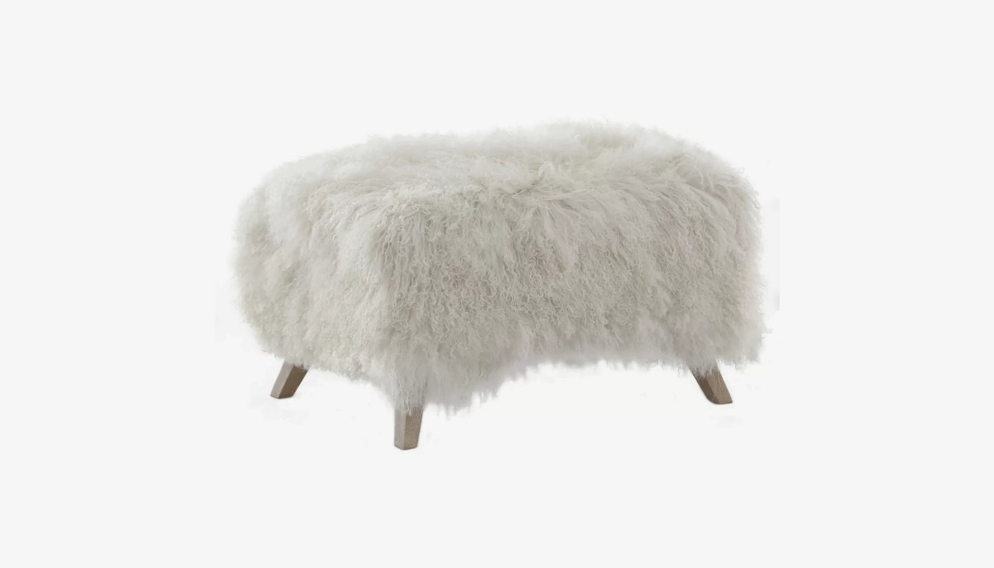 Baaarb Ottoman in Cream Sheepskin Fur & Solid Oak Finish