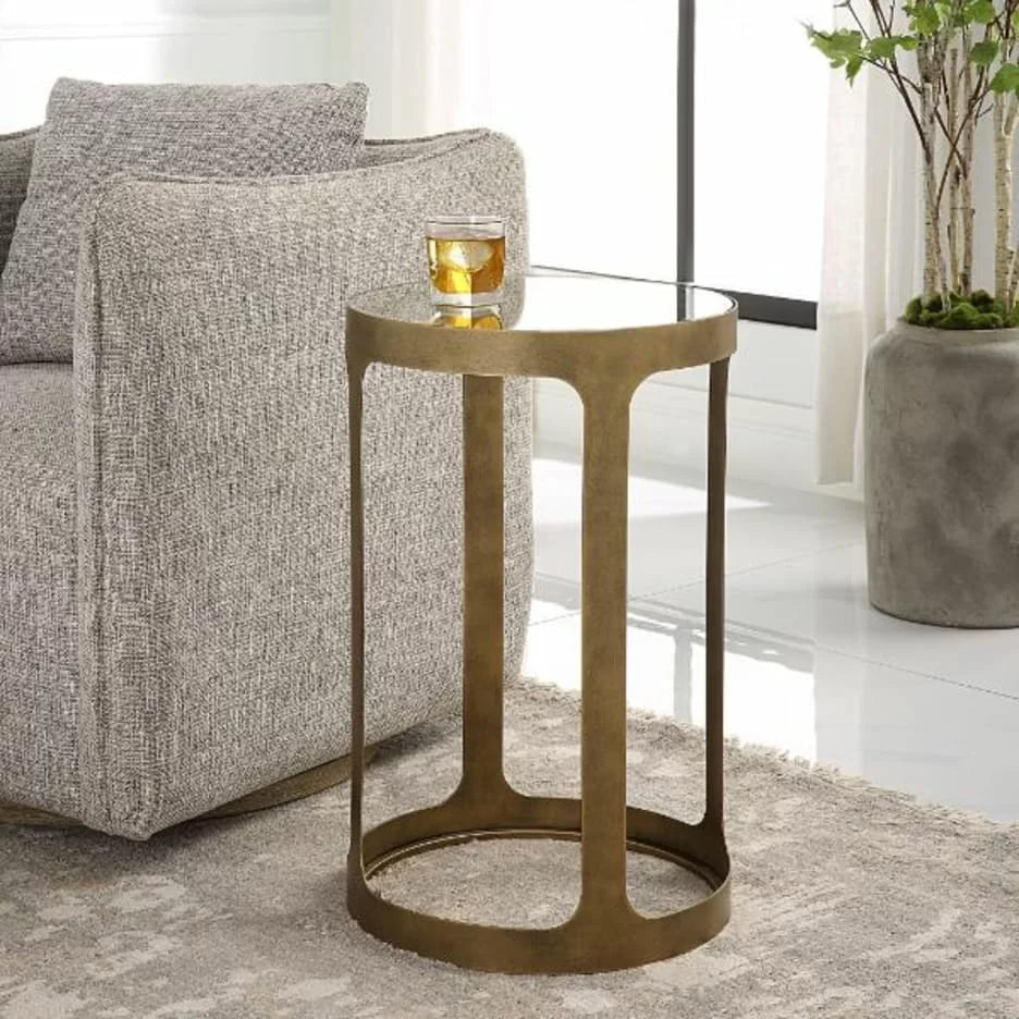 Retro Side Table in Clear Glass & Antique Gold Finish