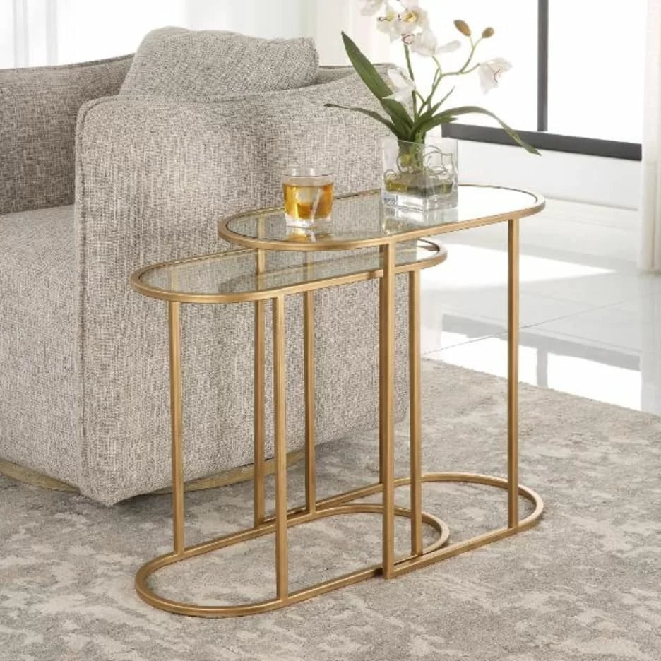 Slide Set of 2 Nesting Side Table in Clear Glass & Antique Brass Finish