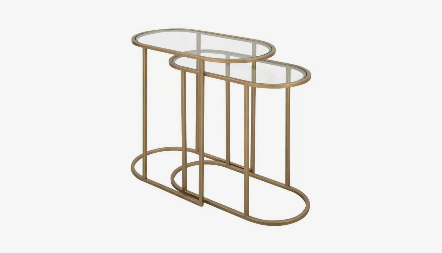 Slide Set of 2 Nesting Side Table in Clear Glass & Antique Brass Finish