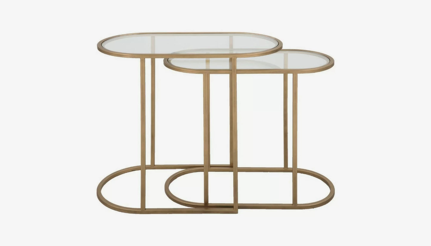 Slide Set of 2 Nesting Side Table in Clear Glass & Antique Brass Finish