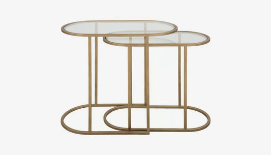 Slide Set of 2 Nesting Side Table in Clear Glass & Antique Brass Finish